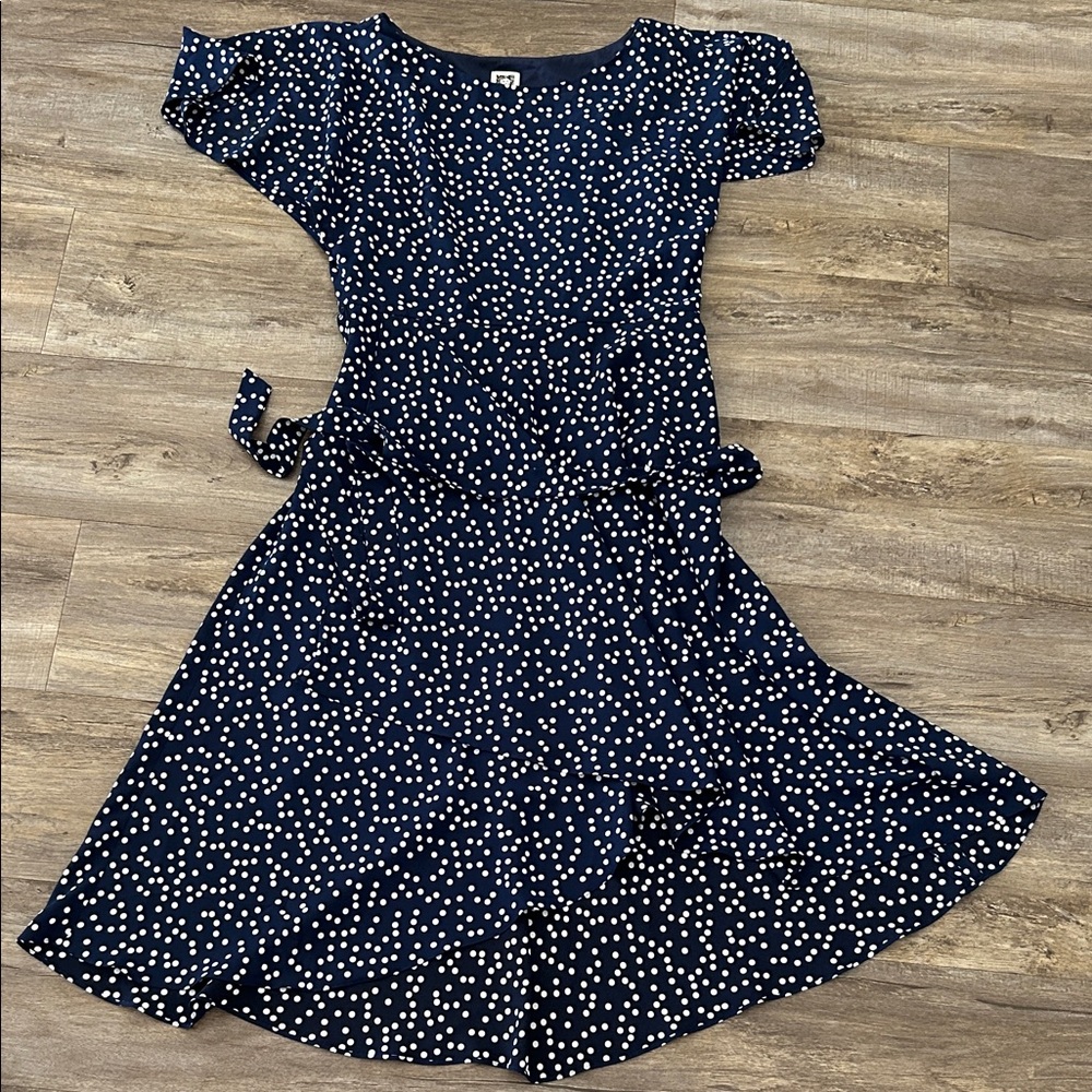 Anne Klein Polka Dot Dress Womens Size 6 Navy White Short Sleeve Tie Waist